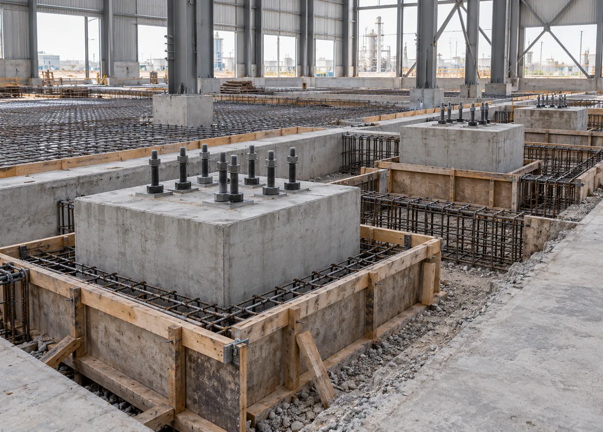 Industrial equipment foundation construction with reinforcement, formwork and anchor bolts