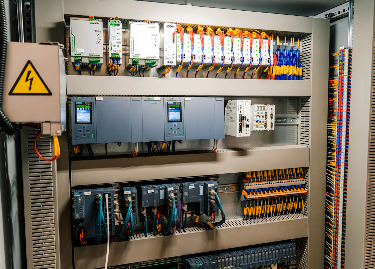 Industrial control panel with wiring and electrical components