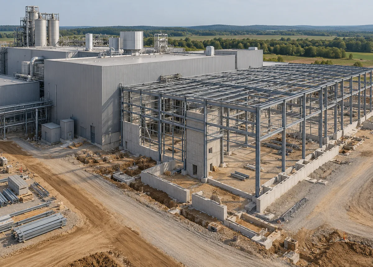New steel-frame factory extension alongside an existing industrial building