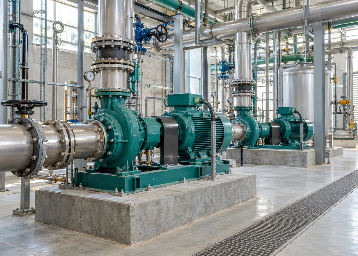 Industrial mechanical room with pump and motor assemblies, flanged pipework and equipment bases