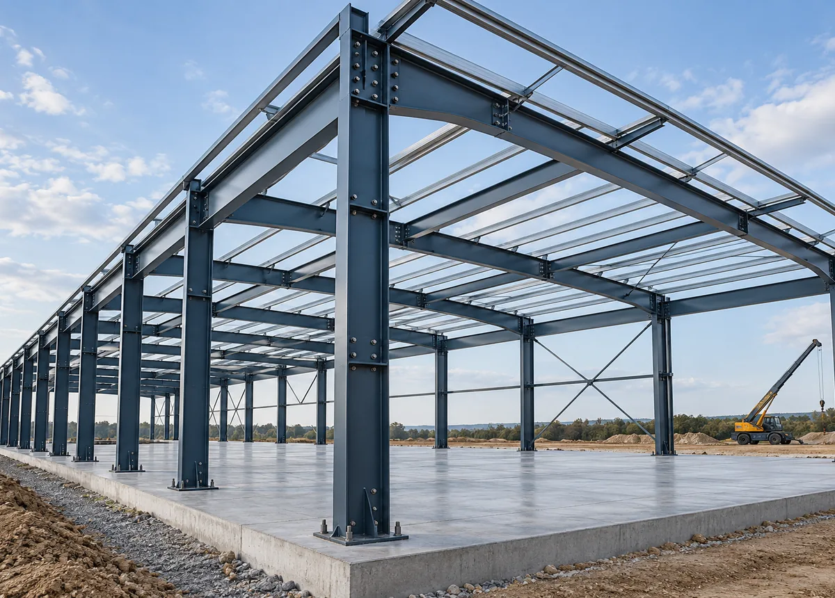Industrial building steel frame with columns, rafters and roof purlins during construction